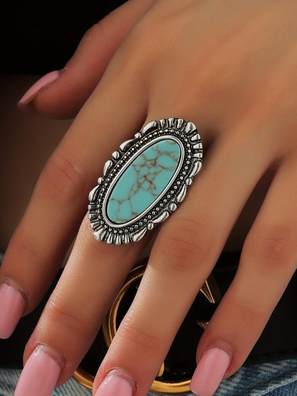 Vintage 925 Sterling Silver Turquoise Ring for Women, Bohemian Adjustable Natura - Picture 3 of 4